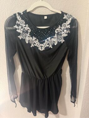 Black Long Sleeve Dance Dress with White Lace Applique